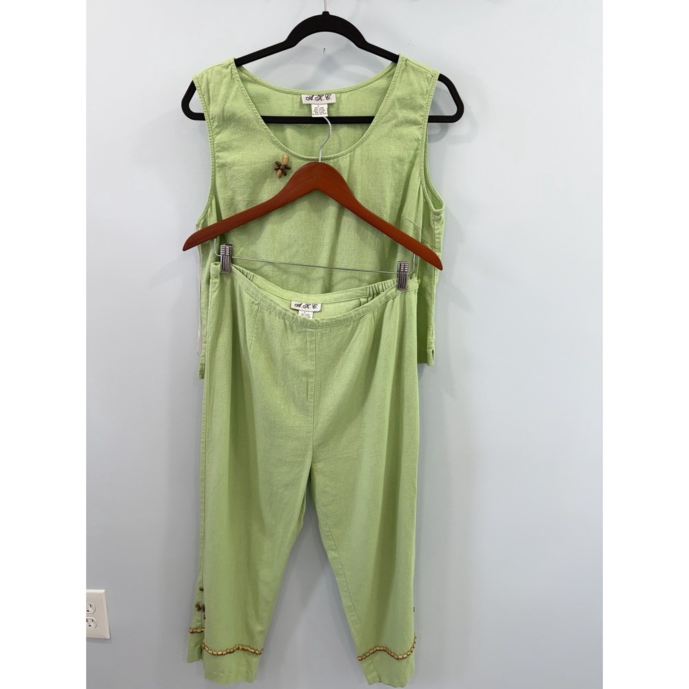 AKC Lime Green Linen Rayon Capri Pant Set Boho Resort Casual Womens Large Style